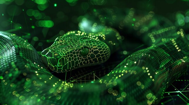 A digital snake surrounded by green glowing lines, symbolizing Python programming and AI technology.