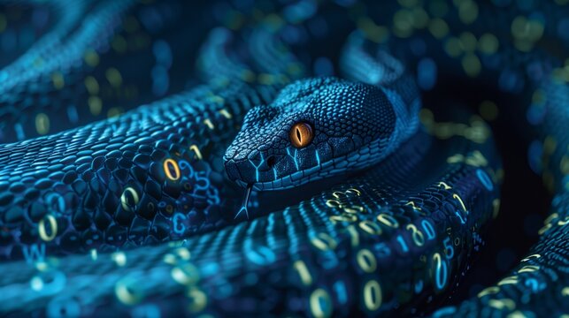 A snake covered in binary code represents Python programming, symbolizing coding and data manipulation.