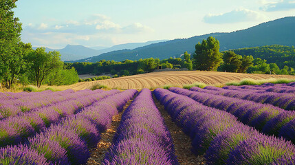 Vibrant Lavender Fields Under A Clear Blue Sky in Provence During Summer