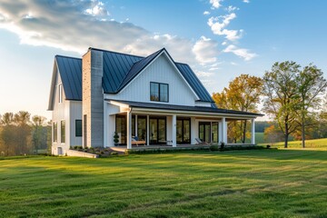 Obraz premium American Midwestern Style Modern Farmhouse Front Yard with Lush Greenery and Natural Light, Captured with Sony Alpha Wide-Angle Lens.