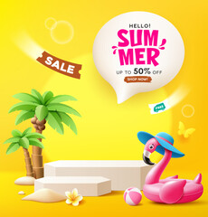 Summer podium display, Pink flamingo inflatable swimming pool, coconut trees, pile of sand, beach ball, poster design on yellow background, EPS 10 vector illustration
