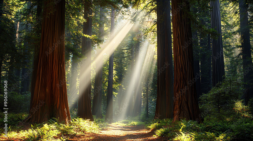 Poster sunlight streaming through tall redwood trees in a tranquil forest path