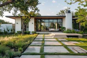 Fototapeta premium Modern Farmhouse Style Home with White Walls and Lush Greenery, Featuring Midcentury Modern Landscape Design and Professional Photography from a Low Camera Angle.