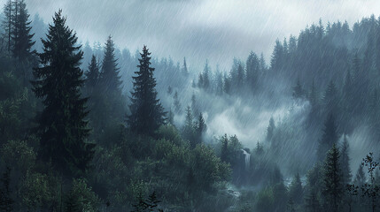 Misty Forest Landscape With Waterfall Surrounded By Lush Trees At Dusk