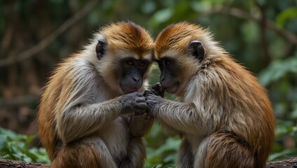 Fototapeta premium The playful antics of monkeys grooming each other in a peaceful clearing ai_generated