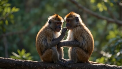 Obraz premium The playful antics of monkeys grooming each other in a peaceful clearing ai_generated