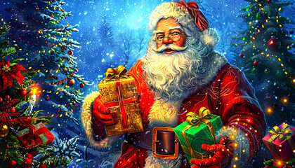 Fototapeta premium Santa Claus Holding Gifts in a Winter Wonderland