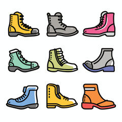 Nine various boots colorful outline cartoon vector illustration isolated white background. Collection different styles footwear ankle high shoes vibrant trendy fashion. Casual sporty city walking