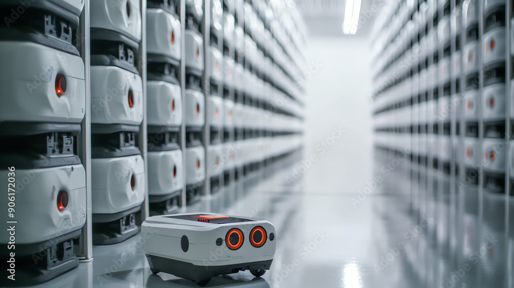 Poster autonomous delivery robot navigating a high-tech warehouse during daylight hours