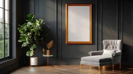 Luxurious bedroom with gilded frame and plush chaise lounge for product showcase.