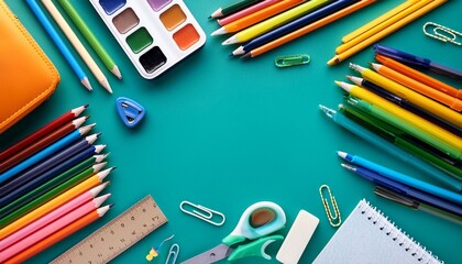 back to school background with stationery supplies and copy space