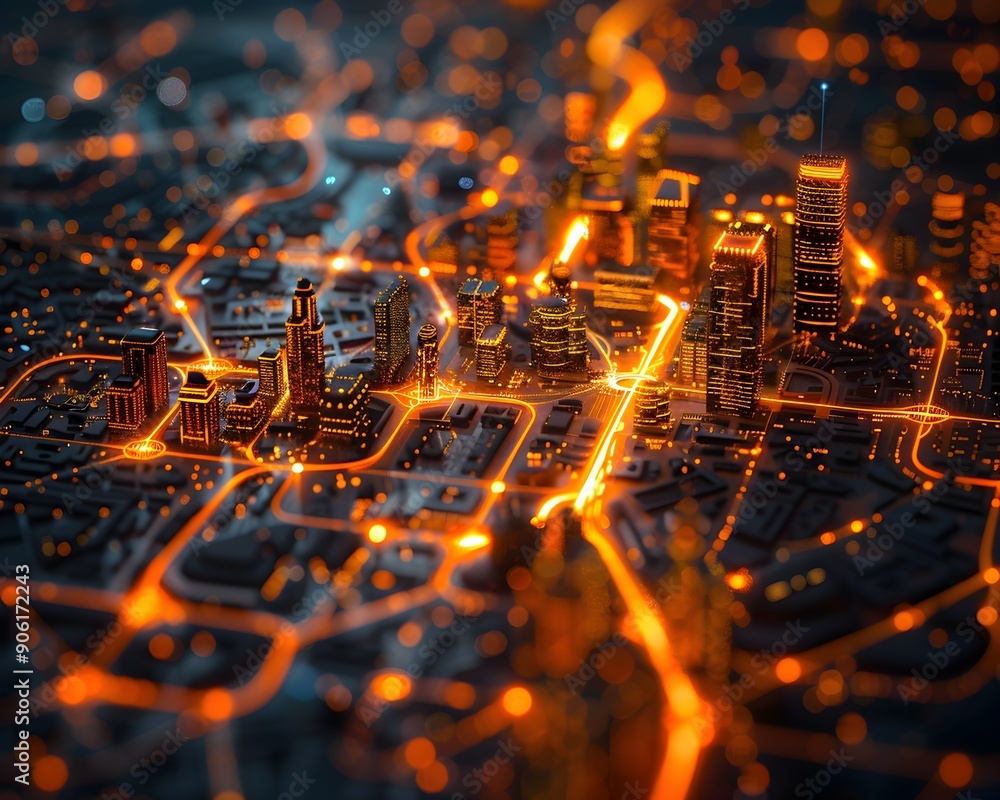 Canvas Prints futuristic digital city landscape with glowing grids and data pathways