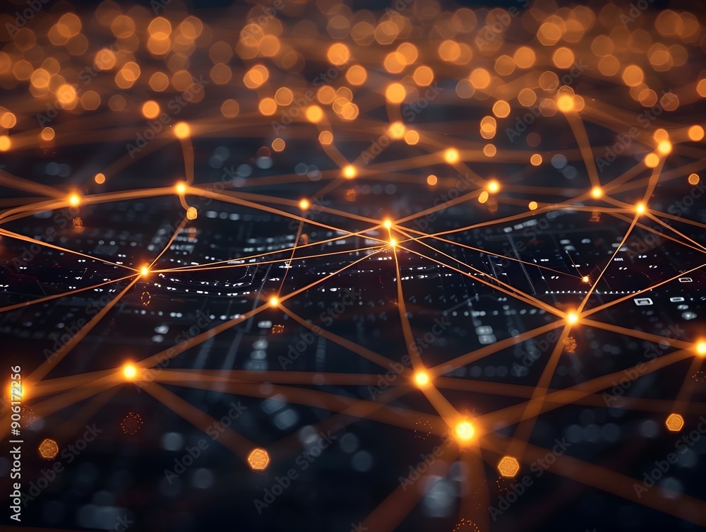 Poster glowing interconnected data network in cyber background with copy space