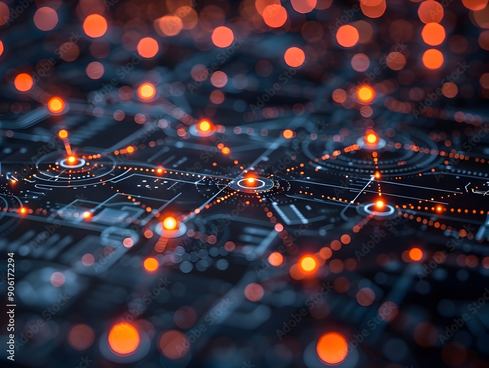 Poster glowing interconnected network map with data nodes in dark cyber background