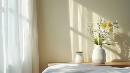 Pastel yellow bedroom with soft silk curtains and blank wall for home decor showcase.