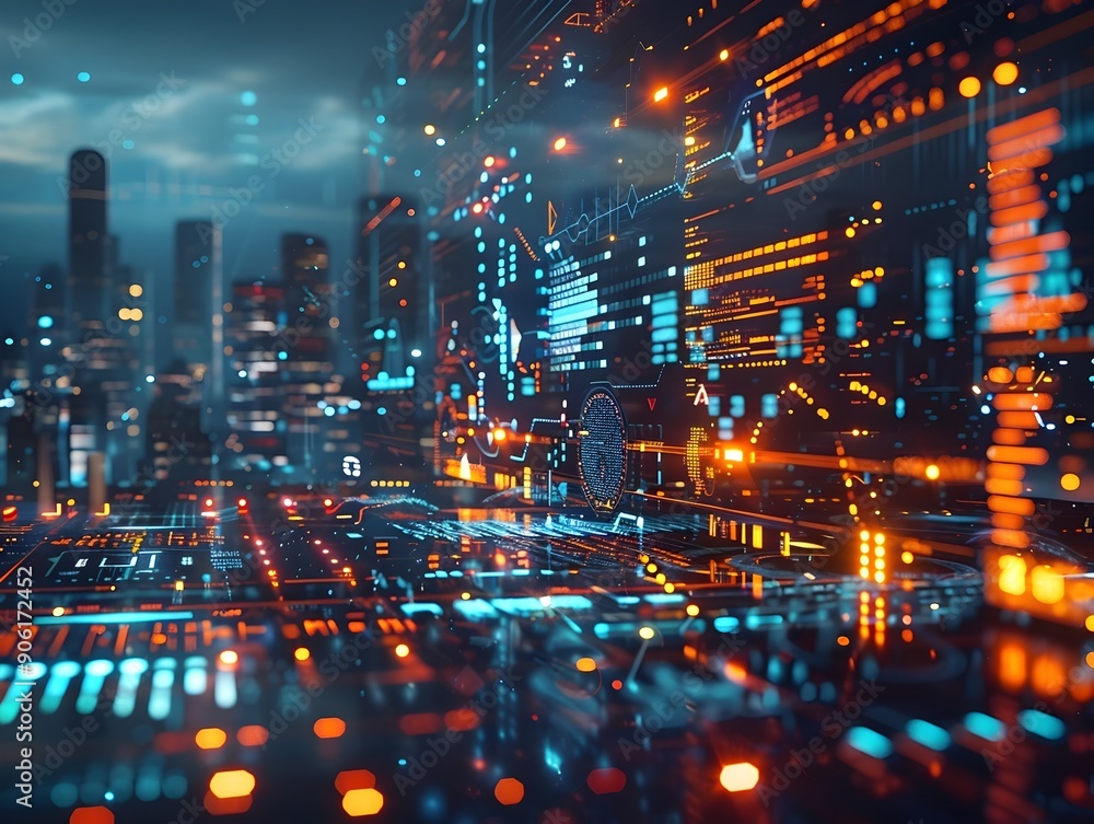 Poster futuristic digital market with floating holographic interfaces and transaction data concept