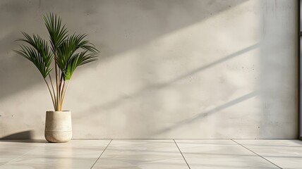 Fototapeta premium Minimalist beige room with textured wall and natural lighting.