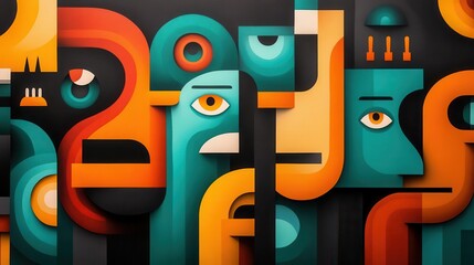 Vibrant abstract art featuring colorful geometric faces, creating a striking visual impact with unique shapes and expressions.