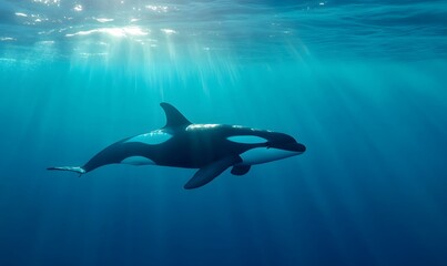 Fototapeta premium orca whale swimming near the surface,, Generative AI
