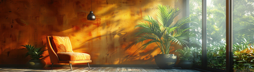 Fototapeta premium A white chair sits in front of a large window, with a potted plant in the foreground. The room is bright and airy, with a light green wall and a tan accent wall