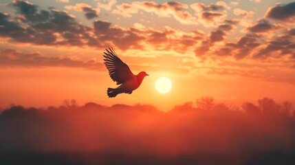 Fototapeta premium Bird Taking Flight at Vibrant Sunrise Symbolizing Freedom and New Possibilities