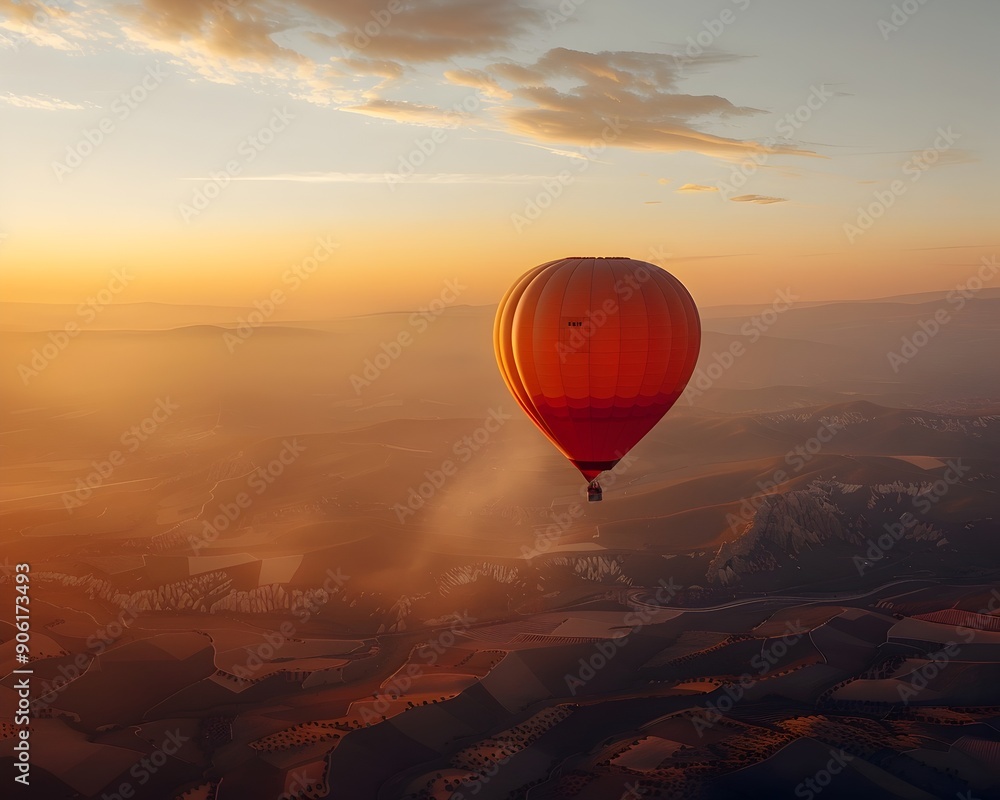 Wall mural hot air balloon rises at breathtaking sunrise over majestic mountain landscape