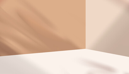 Background Product Display Studio with shadow leaves on cement floor,Beige Backdrop 3D Display Podium Stand Concept for Autumn Sale,Online shop,Vector Banner for Summer promote