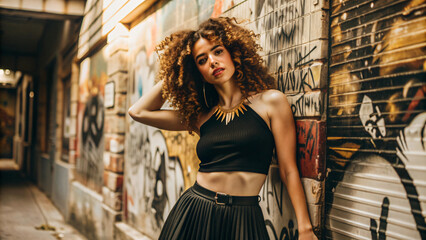 Naklejka premium Glamorous brunette model in elegant dress poses against vibrant graffiti wall, capturing vintage vogue style