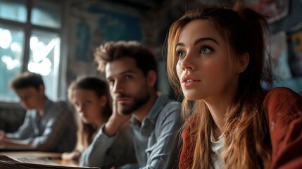 Obraz premium Attentive Young Woman in a Classroom with Peers
