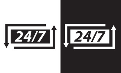 24/7 Service open 24 h hours a day and 7 days a week icon. Shop support logo symbol sign button. . Isolated on white and black background. Vector illustrator . EPS 10