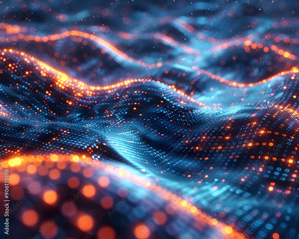 Poster mesmerizing visualization of dynamic data flow and binary code interweaving