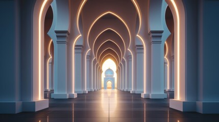 Fototapeta premium Stunning mosque featuring detailed patterns, illuminated by the surrounding neon jungle of a futuristic city