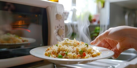 Person with plate near microwave