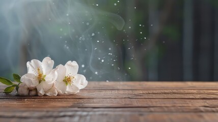 Fototapeta premium Close-up of wooden table with flower surrounded by swirling mist.