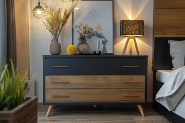 sleek Black Dressers with Oak Legs in a Modern Bedroom Interior, Illuminated by Studio Lighting.