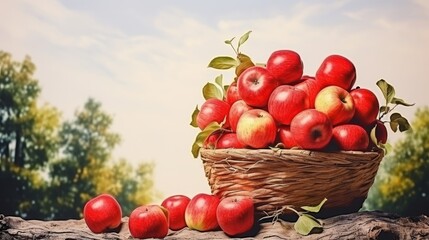 Vibrant watercolor painting of a basket filled with ripe apples in a lush garden setting