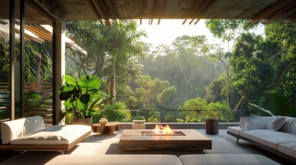 Fototapeta premium A high-end terrace lounge with a minimalist design, featuring an elegant fire table, white sofas, and a serene view of a lush forest.
