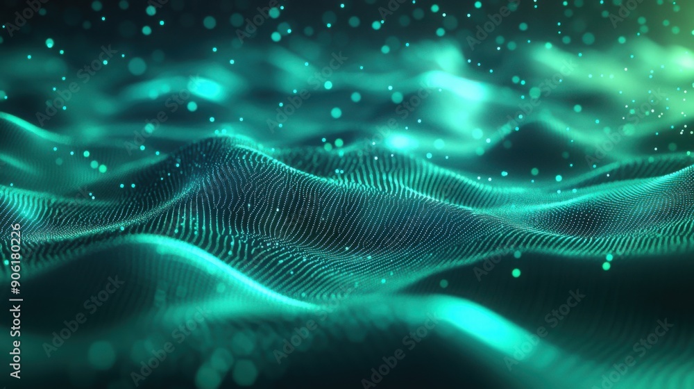 Poster 3d render of abstract background with glowing particles and dots on blue, green and silver colors. a