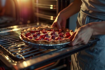 Person removing pie from oven