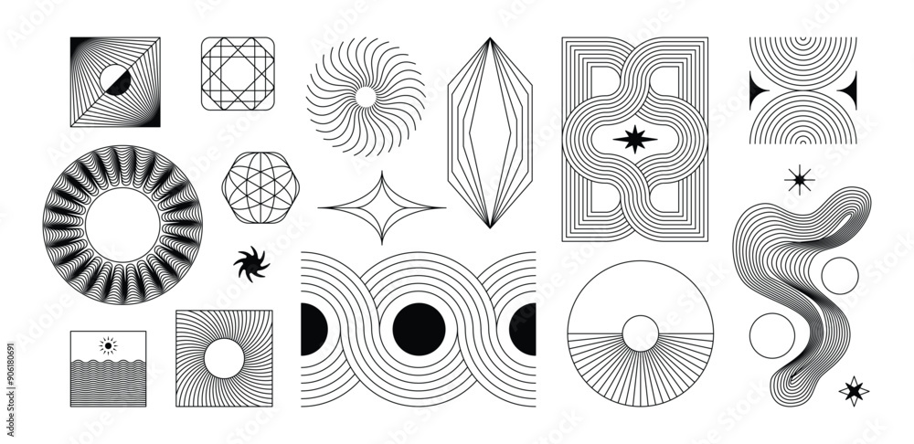 Poster vector minimal geometric illustrations set - trendy abstract aesthetic linear compositions, prints, 