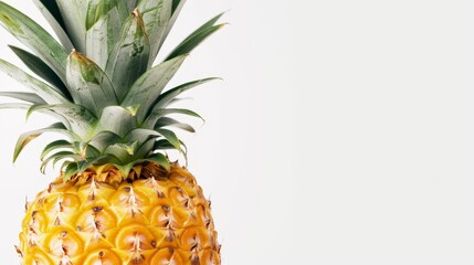 Detailed image of a ripe pineapple with green leaves, isolated on a plain white background, ideal for marketing materials with space for text