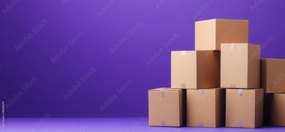 Poster an assortment of cardboard boxes stacked on each other against a purple background, representing mov