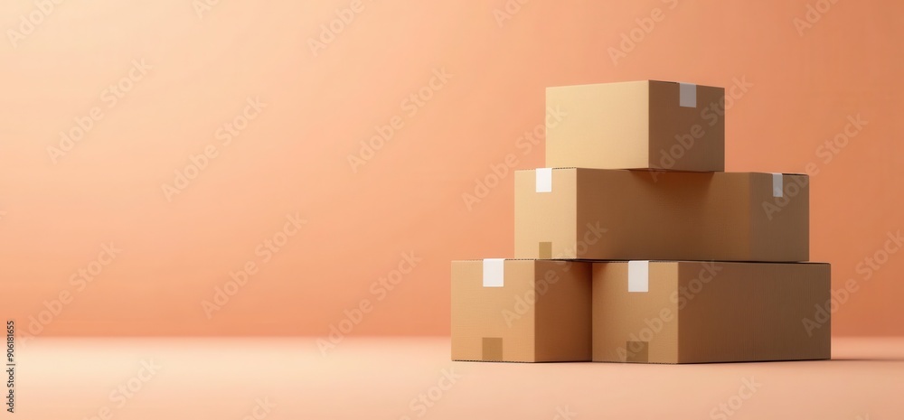 Poster sticker with cardboard boxes stacked on peach background with copy space for text