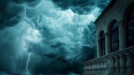 Fototapeta premium Haunted mansion overlooking a violent sea, storm clouds swirling ominously, flashes of lightning revealing an eerie, mysterious aura, wind howling through broken windows