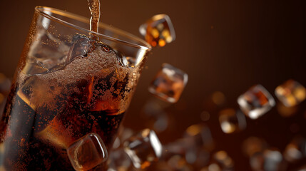3D rendering of soda pouring into a glass, with a dark brown background, in the style of product photography.