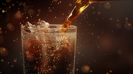 3D rendering of soda pouring into a glass, with a dark brown background, in the style of product photography.