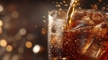 3D rendering of soda pouring into a glass, with a dark brown background, in the style of product photography.