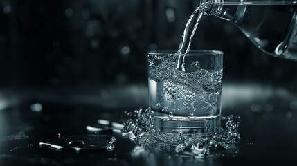 A glass of water being poured from an elegant bottle, rendered in the style of cinema4d, with a monochromatic color scheme and dark background, like product photography