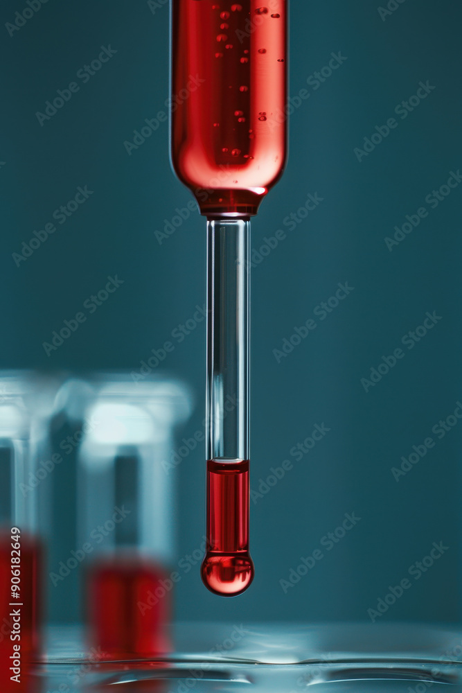 Aufkleber a red liquid is dripping from a pipette into a series of test tubes. the tubes are lined up in a row
