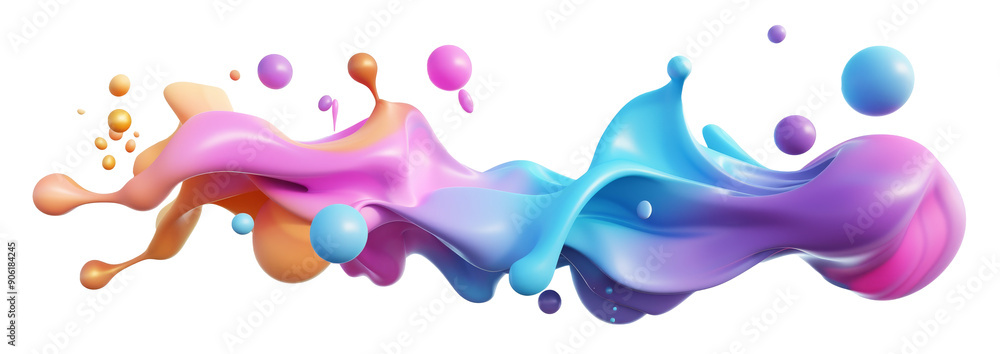 Poster abstract colorful gradient flowing shape with liquid spheres, rendered in 3d